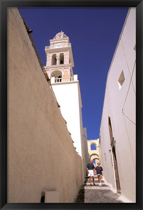 Framed Couple Walking Down Steps, Santorini, Greece Print