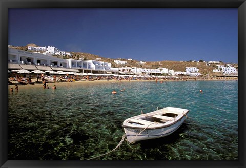 Framed Platis Gialos Beach, Mykonos, Cyclades Islands, Greece Print