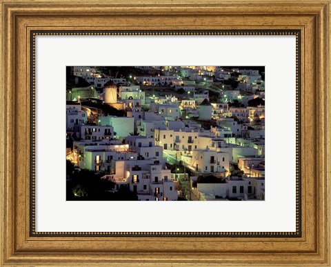 Framed Hilltop Buildings at Night, Mykonos, Cyclades Islands, Greece Print