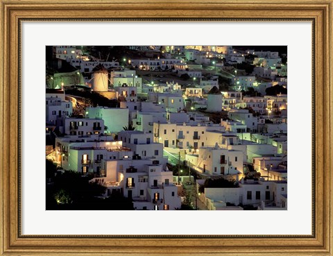 Framed Hilltop Buildings at Night, Mykonos, Cyclades Islands, Greece Print