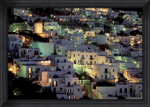 Framed Hilltop Buildings at Night, Mykonos, Cyclades Islands, Greece Print