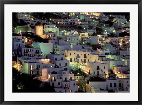 Framed Hilltop Buildings at Night, Mykonos, Cyclades Islands, Greece Print