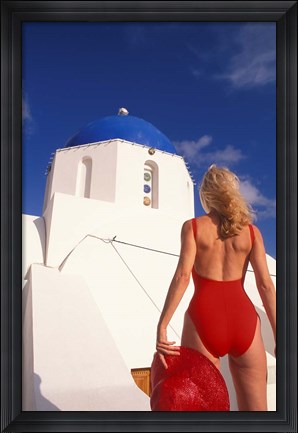 Framed Woman in Swimsuit, Fira, Santorini, Greece Print