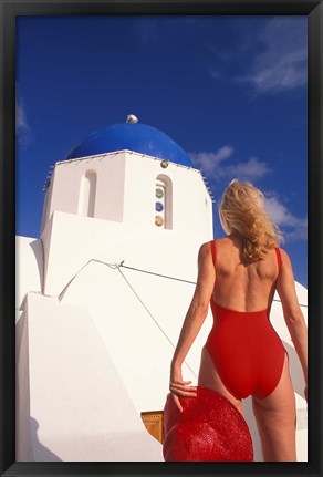 Framed Woman in Swimsuit, Fira, Santorini, Greece Print