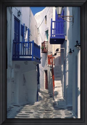 Framed Cobblestone Alley, Santorini, Greece Print