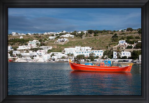 Framed Greece, Cyclades, Mykonos, Hora Harbor view with Greek fishing boat Print