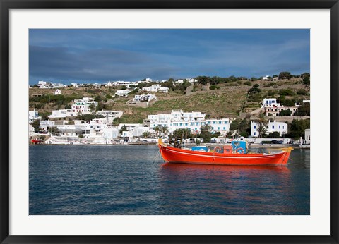 Framed Greece, Cyclades, Mykonos, Hora Harbor view with Greek fishing boat Print