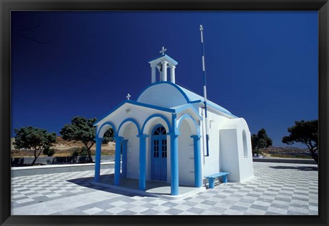 Framed Agios Nicoolaos Church and Checkered Pavement, Cyclades Islands, Greece Print