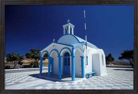 Framed Agios Nicoolaos Church and Checkered Pavement, Cyclades Islands, Greece Print