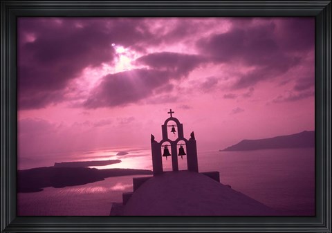 Framed Church Steeple with Evening Rays, Santorini Island, Greece Print