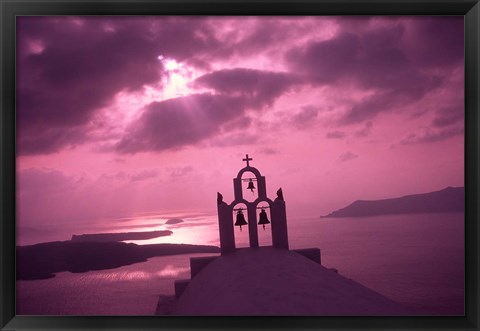 Framed Church Steeple with Evening Rays, Santorini Island, Greece Print