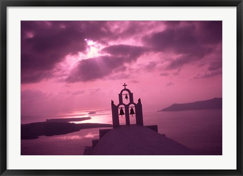 Framed Church Steeple with Evening Rays, Santorini Island, Greece Print