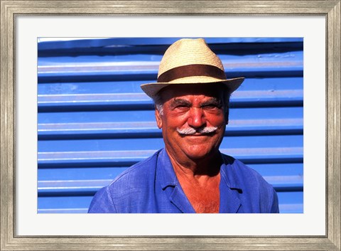 Framed Close Up of Native Man with Blue Wall, Athens, Greece Print