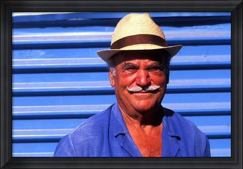 Framed Close Up of Native Man with Blue Wall, Athens, Greece Print