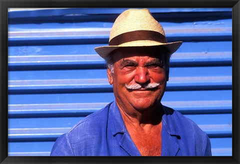 Framed Close Up of Native Man with Blue Wall, Athens, Greece Print