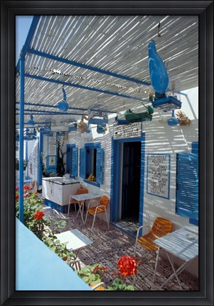 Framed Breakfast Bar with Bird Cages, Thira, Cyclades Islands, Greece Print
