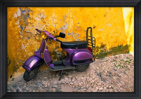 Framed Vespa and Yellow Wall in Old Town, Rhodes, Greece Print