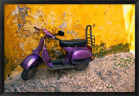 Framed Vespa and Yellow Wall in Old Town, Rhodes, Greece Print