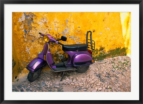 Framed Vespa and Yellow Wall in Old Town, Rhodes, Greece Print