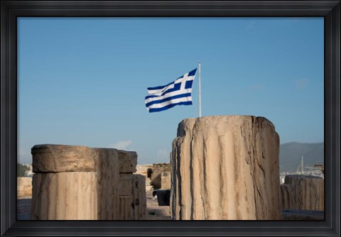 Framed Greece, Athens, Acropolis Column ruins and Greek Flag Print
