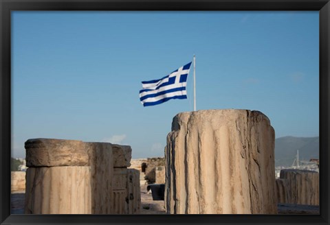 Framed Greece, Athens, Acropolis Column ruins and Greek Flag Print