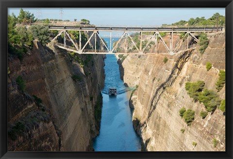 Framed Greece, Corinth Boat in Corinth Canal Print