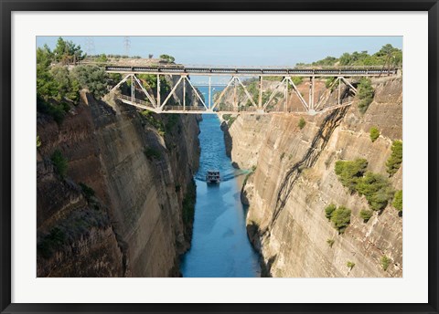 Framed Greece, Corinth Boat in Corinth Canal Print