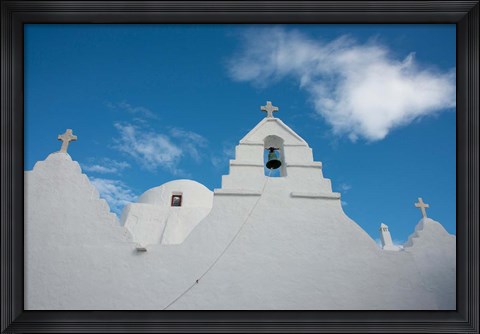 Framed Greece, Cyclades, Mykonos, Hora Church rooftop with Bell Tower Print