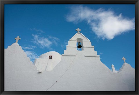 Framed Greece, Cyclades, Mykonos, Hora Church rooftop with Bell Tower Print