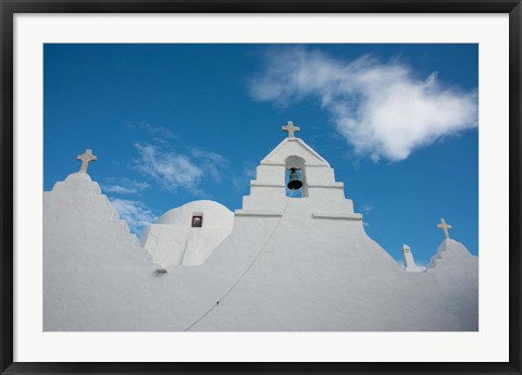 Framed Greece, Cyclades, Mykonos, Hora Church rooftop with Bell Tower Print