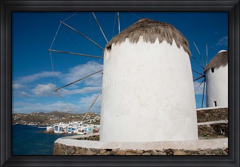 Framed Greece, Cyclades, Mykonos, Hora Cycladic windmill in &#39;Little Venice&#39; Print