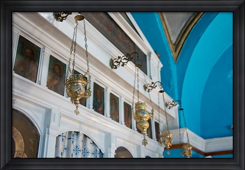 Framed Greece, Cyclades, Mykonos, Hora Wall icons and oil lamps of a church Print