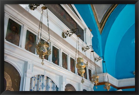 Framed Greece, Cyclades, Mykonos, Hora Wall icons and oil lamps of a church Print