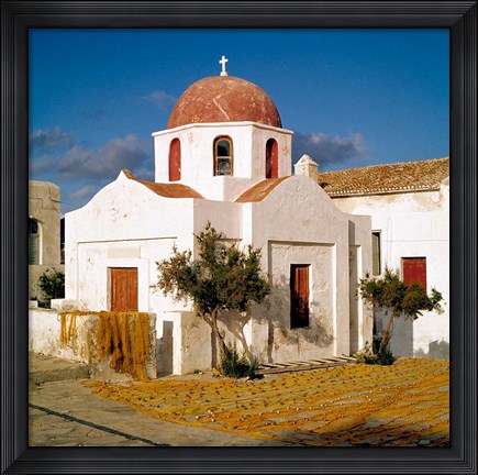 Framed Greece, Mykonos, Church, Fishing Nets Print
