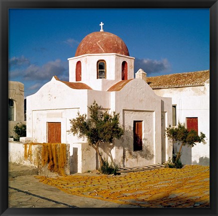 Framed Greece, Mykonos, Church, Fishing Nets Print