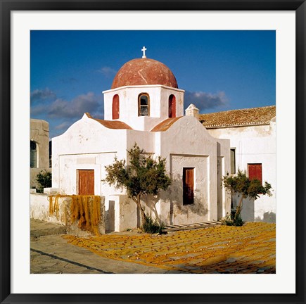 Framed Greece, Mykonos, Church, Fishing Nets Print