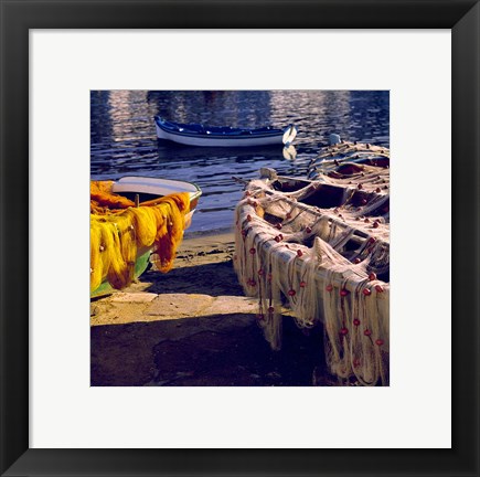 Framed Greece, Mykonos Fishing Nets on Boats Print
