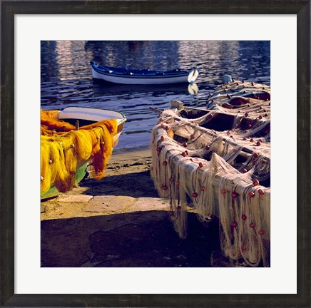 Framed Greece, Mykonos Fishing Nets on Boats Print