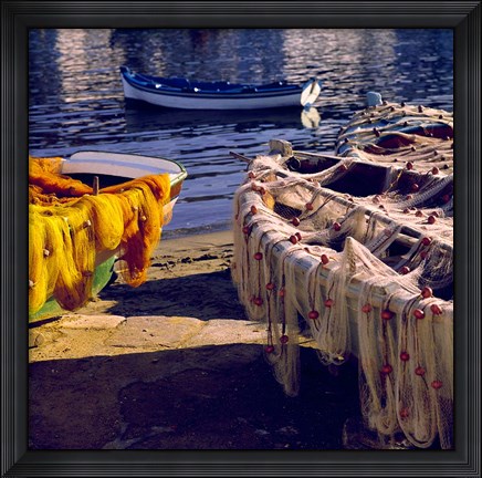 Framed Greece, Mykonos Fishing Nets on Boats Print