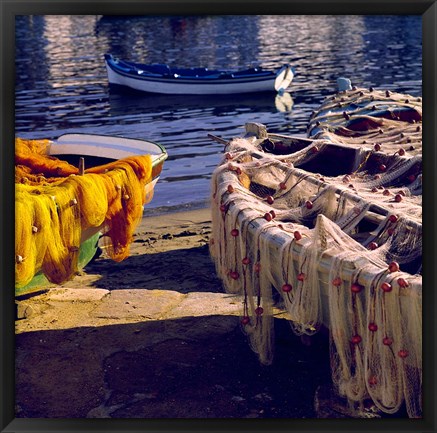 Framed Greece, Mykonos Fishing Nets on Boats Print