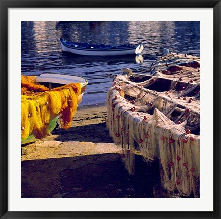 Framed Greece, Mykonos Fishing Nets on Boats Print