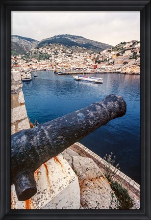 Framed Cannon, hydrofoil boat, harbor, Hydra Island, Greece Print