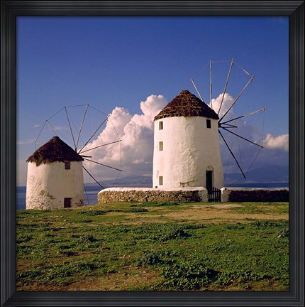Framed Greece, Mykonos White-washed Windmills Print