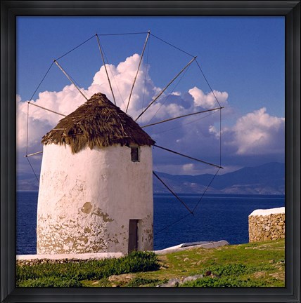 Framed Greece, Mykonos, Windmill looks over Azure Sea Print