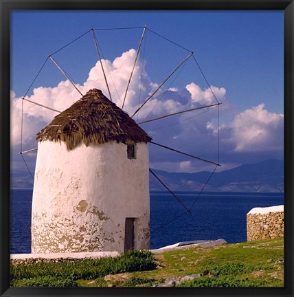 Framed Greece, Mykonos, Windmill looks over Azure Sea Print