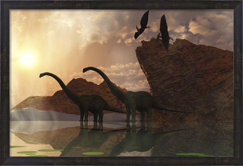Framed Diplodocus Dinosaurs and Pterodactyl Birds Greet the Early Morning Mist Print