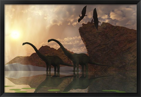 Framed Diplodocus Dinosaurs and Pterodactyl Birds Greet the Early Morning Mist Print