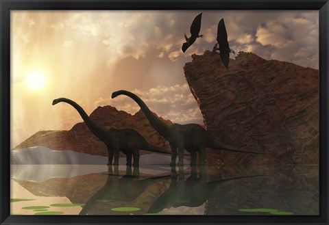 Framed Diplodocus Dinosaurs and Pterodactyl Birds Greet the Early Morning Mist Print