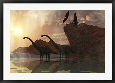 Framed Diplodocus Dinosaurs and Pterodactyl Birds Greet the Early Morning Mist Print