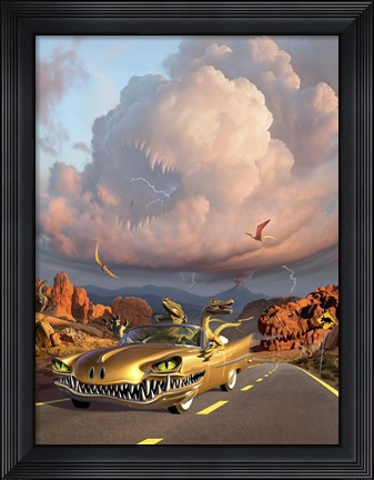 Framed Two Velociraptors in  a Prehistoric Landscape Print